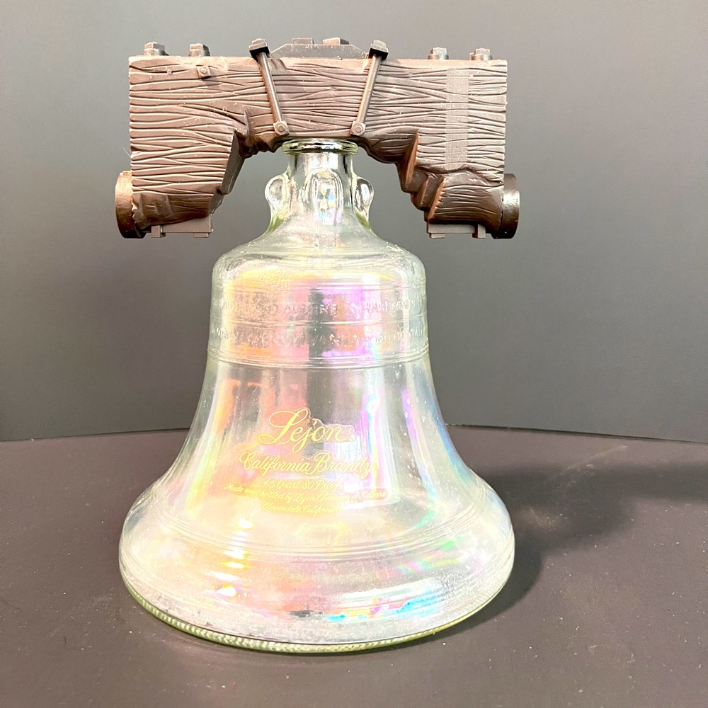 Vintage clear iridescent bottle Lejon California Brandy Liberty Bell Decanter